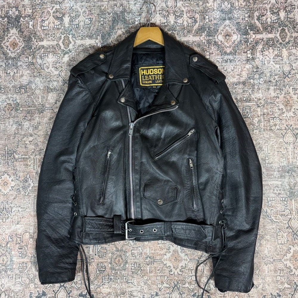 Vintage 90s Hudson Leather Motorcycle Jacket Size L/44 Color Black